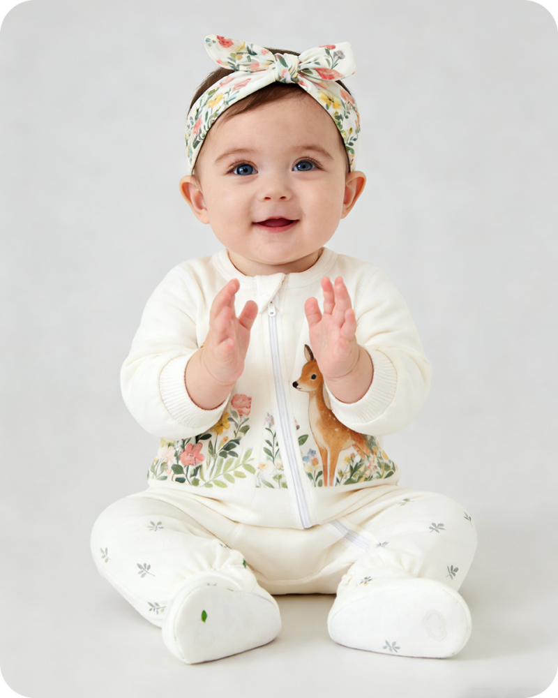 Forest Deer Floral Footed Baby Bamboo Romper