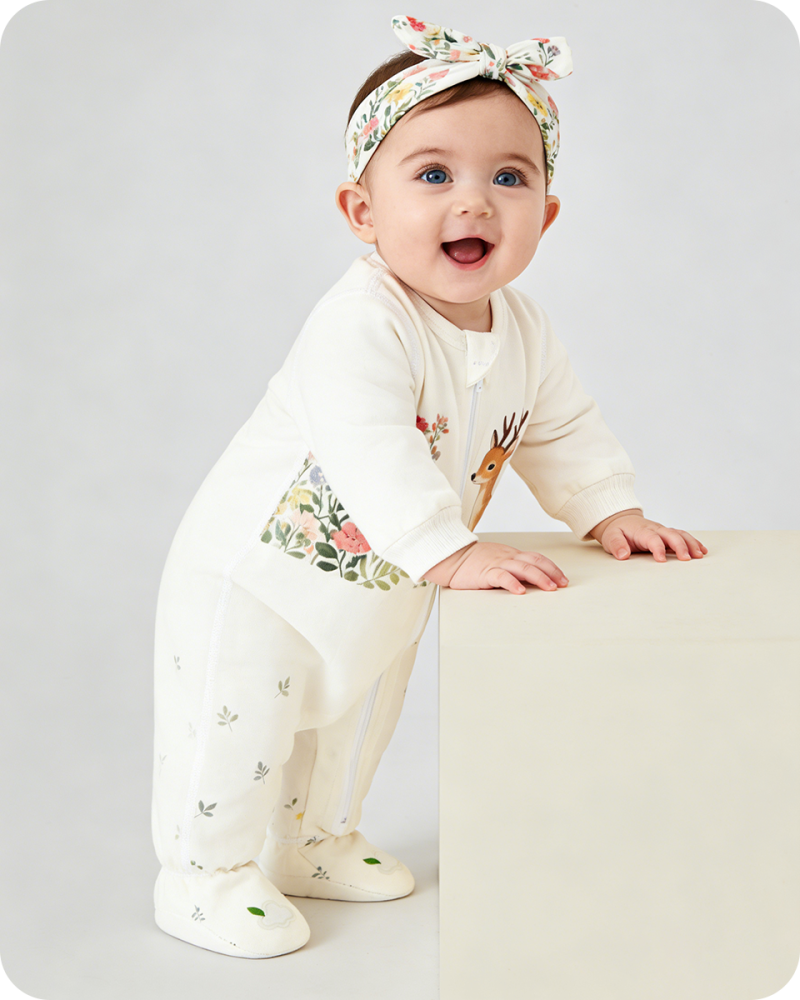 Forest Deer Floral Footed Baby Bamboo Romper