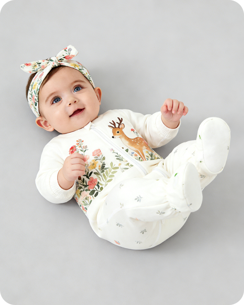 Forest Deer Floral Footed Baby Bamboo Romper