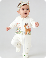 Forest Deer Floral Footed Baby Bamboo Romper