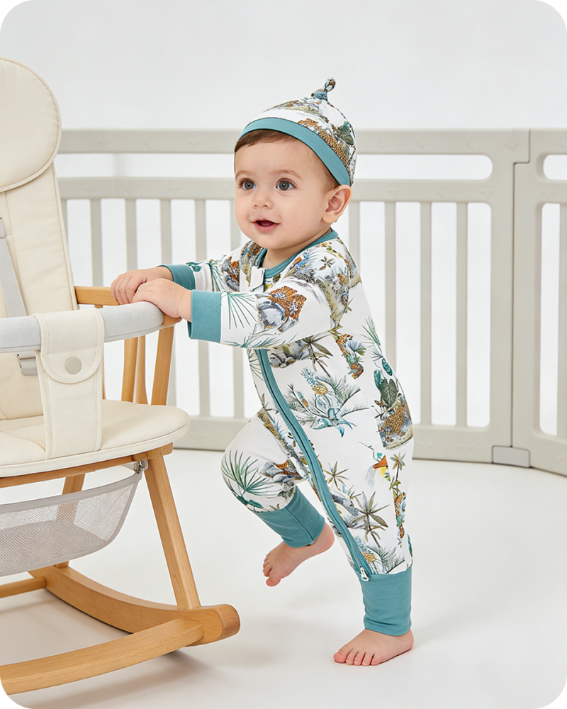 Blue Palm Tree & Leopard Safari Bamboo Baby Pajamas