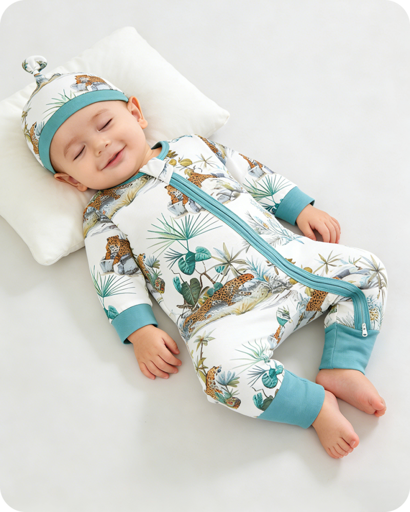 Blue Palm Tree & Leopard Safari Bamboo Baby Pajamas