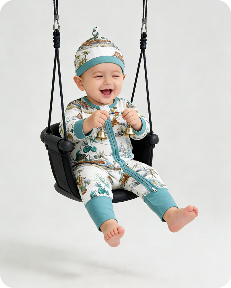 Blue Palm Tree & Leopard Safari Bamboo Baby Pajamas