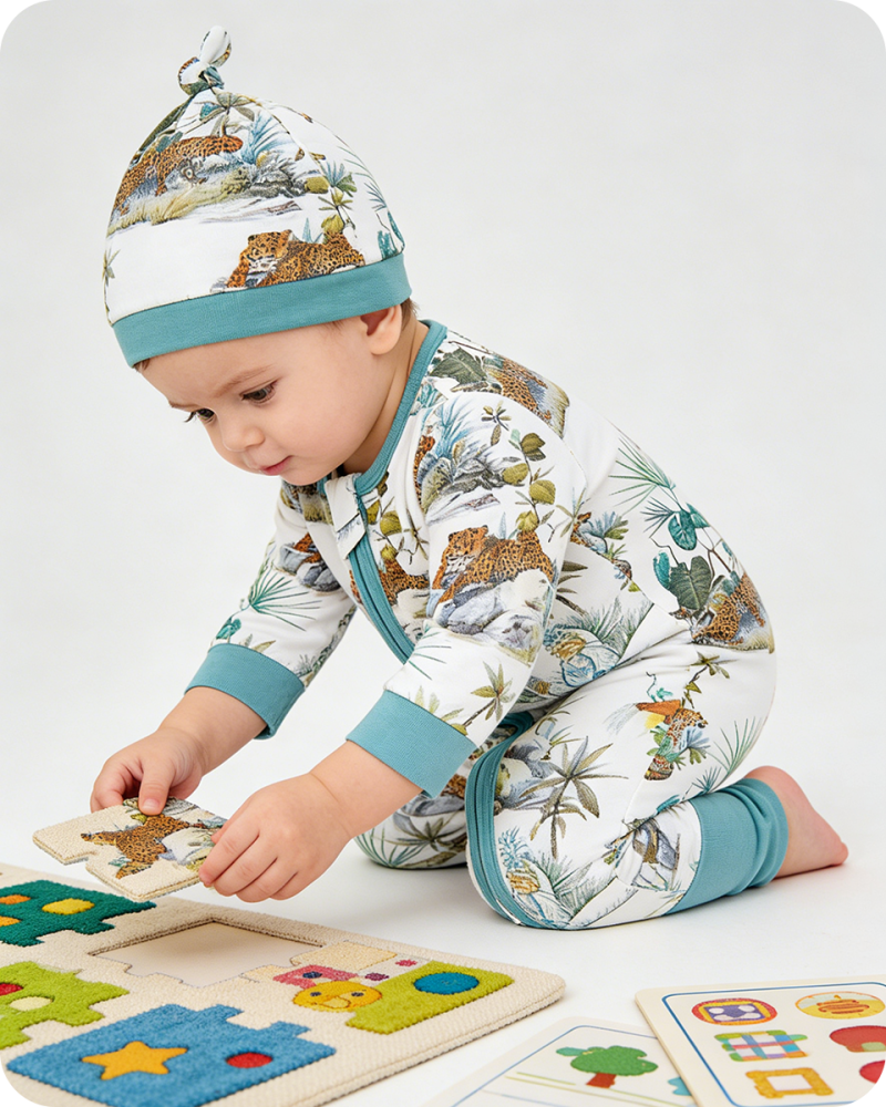 Blue Palm Tree & Leopard Safari Bamboo Baby Pajamas