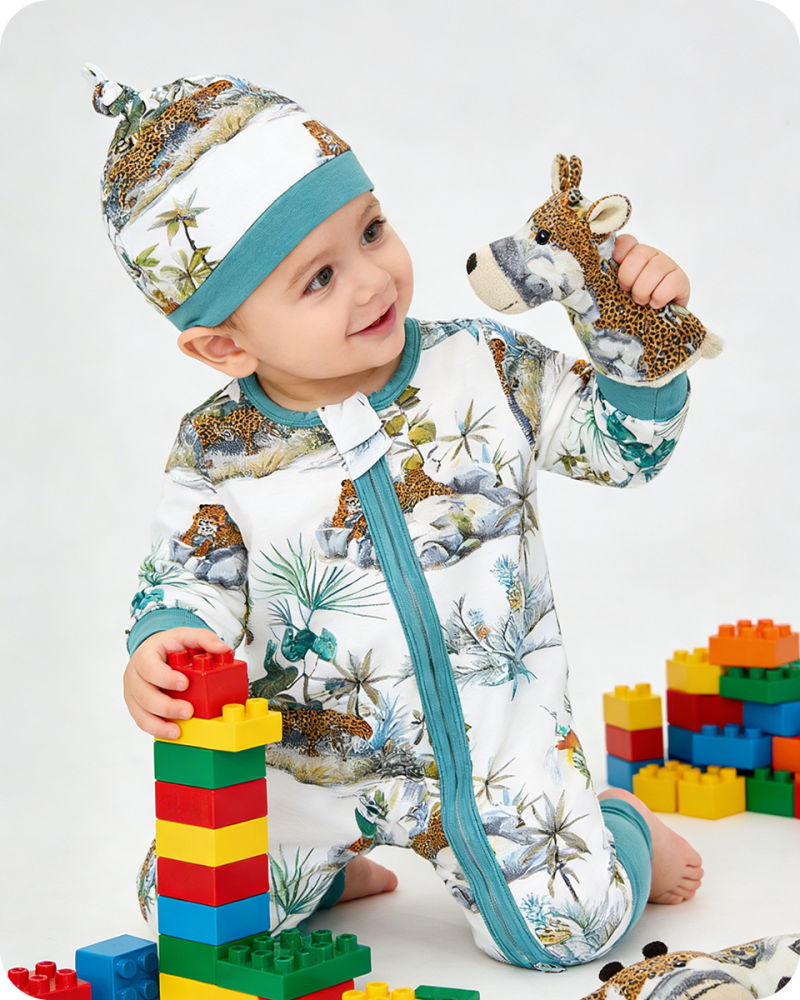 Blue Palm Tree & Leopard Safari Bamboo Baby Pajamas