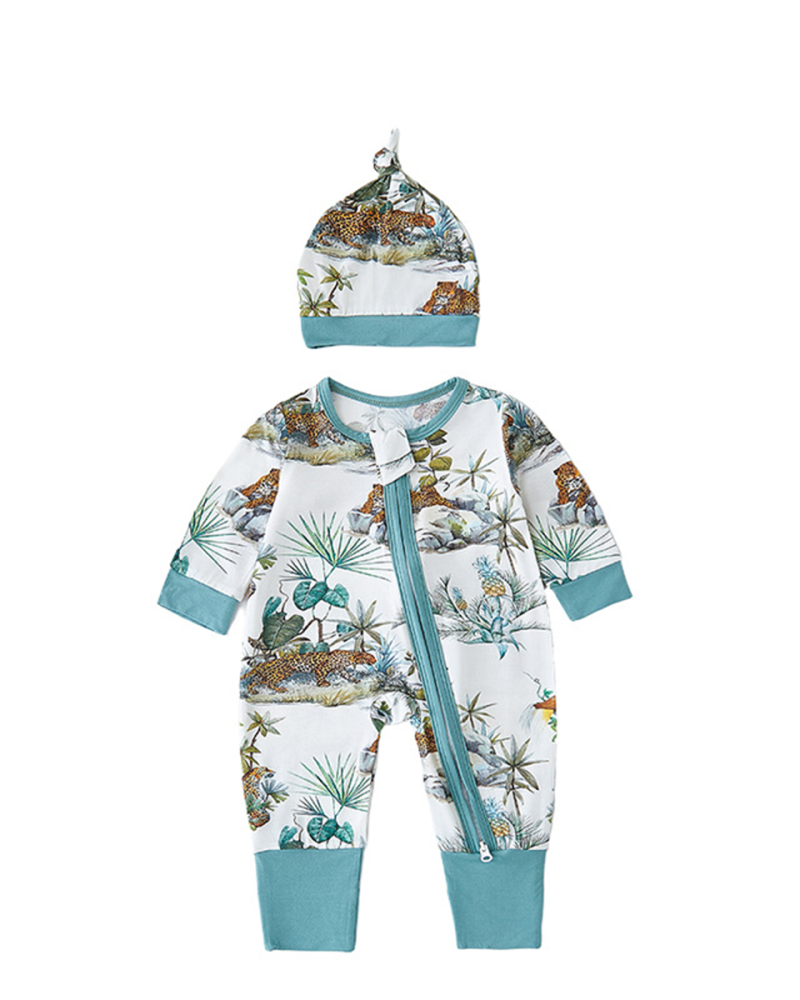 Blue Palm Tree & Leopard Safari Bamboo Baby Pajamas