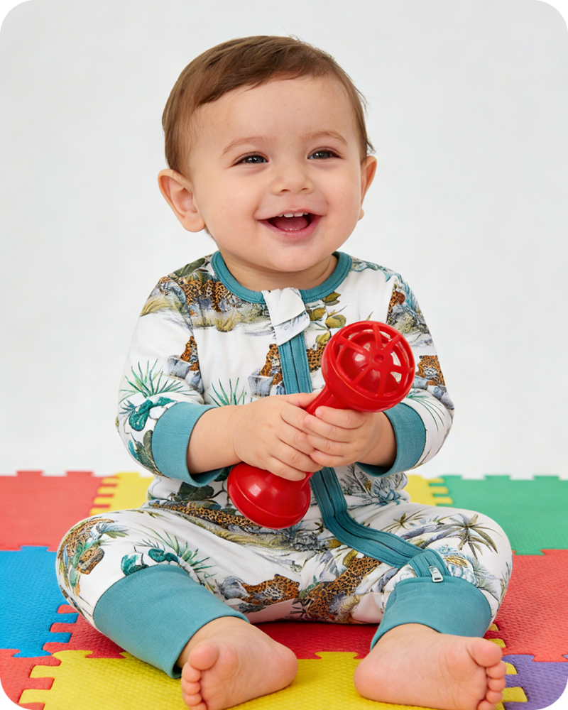 Blue Palm Tree & Leopard Safari Bamboo Baby Pajamas