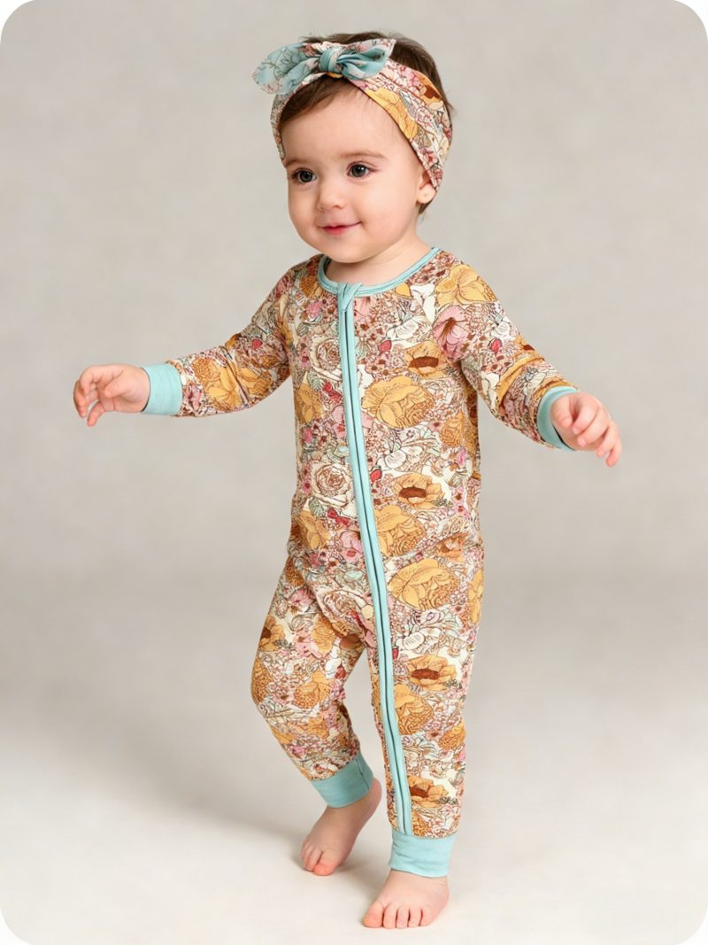 Boho Floral Organic Bamboo Baby Sleepers with Zipper