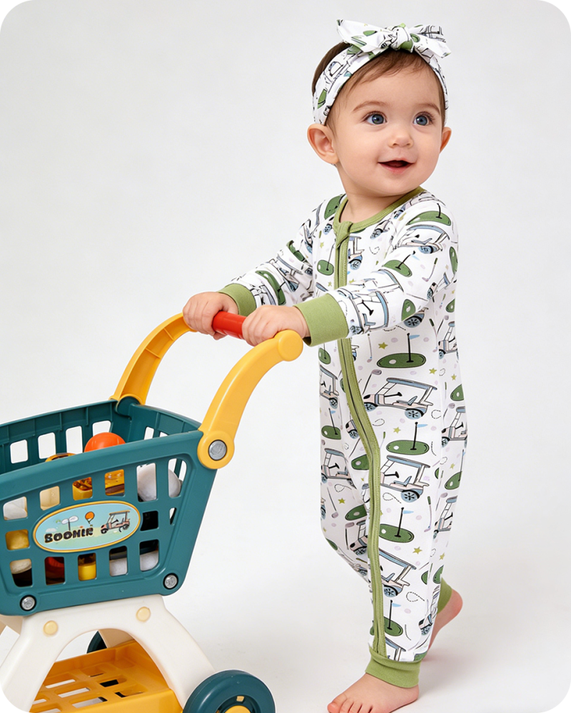 Green Golf Cart Print Bamboo Zipper Onesie (2)