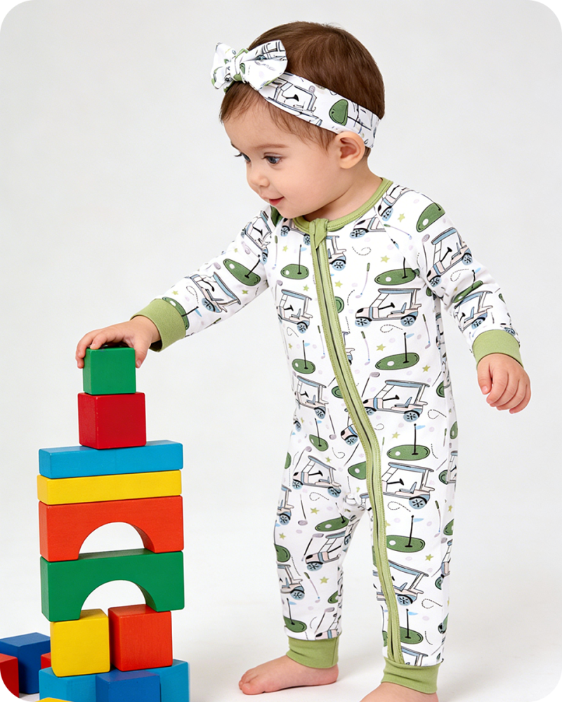 Green Golf Cart Print Bamboo Zipper Onesie (2)