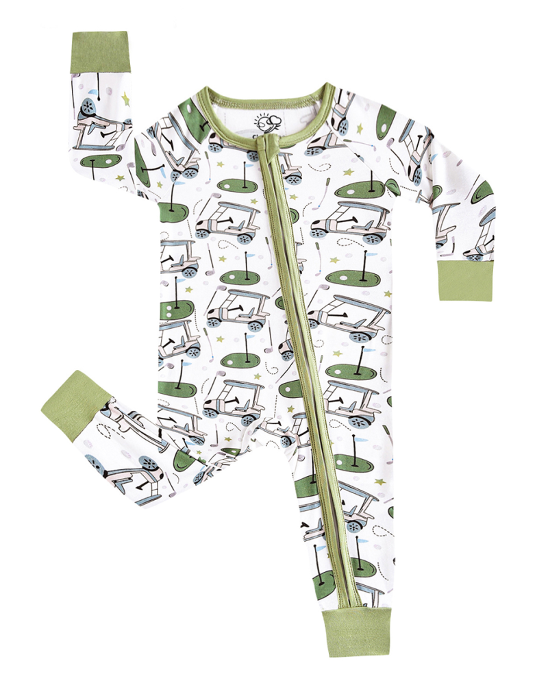 Green Golf Cart Print Bamboo Zipper Onesie
