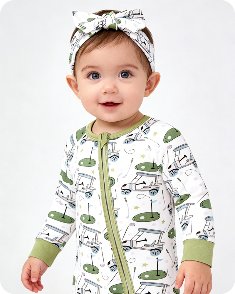 Green Golf Cart Print Bamboo Zipper Onesie (2)