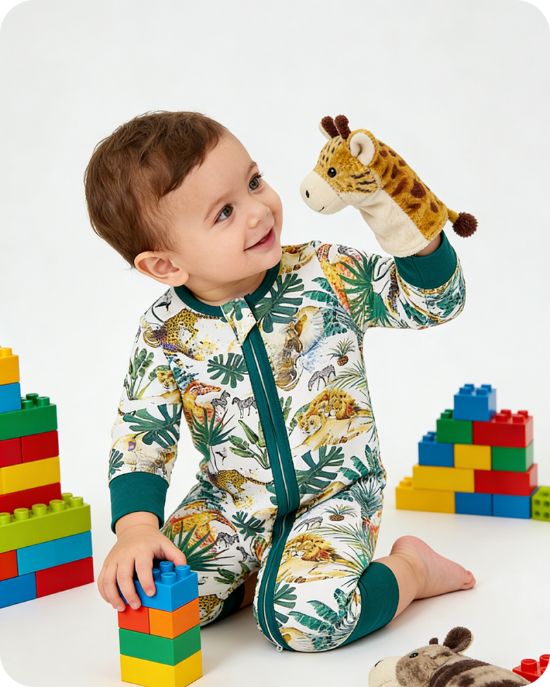 Green Tiger & Zebra Leaf Print Bamboo Baby Pajamas