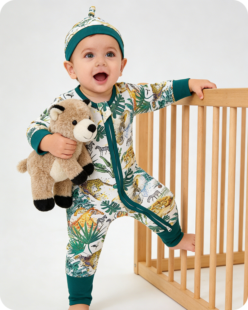 Green Tiger & Zebra Leaf Print Bamboo Baby Pajamas