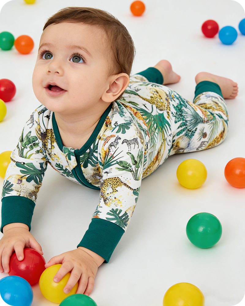 Green Tiger & Zebra Leaf Print Bamboo Baby Pajamas
