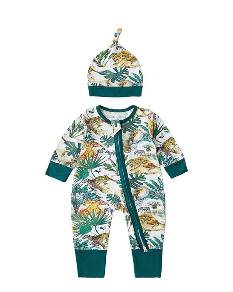 Green Tiger & Zebra Leaf Print Bamboo Baby Pajamas