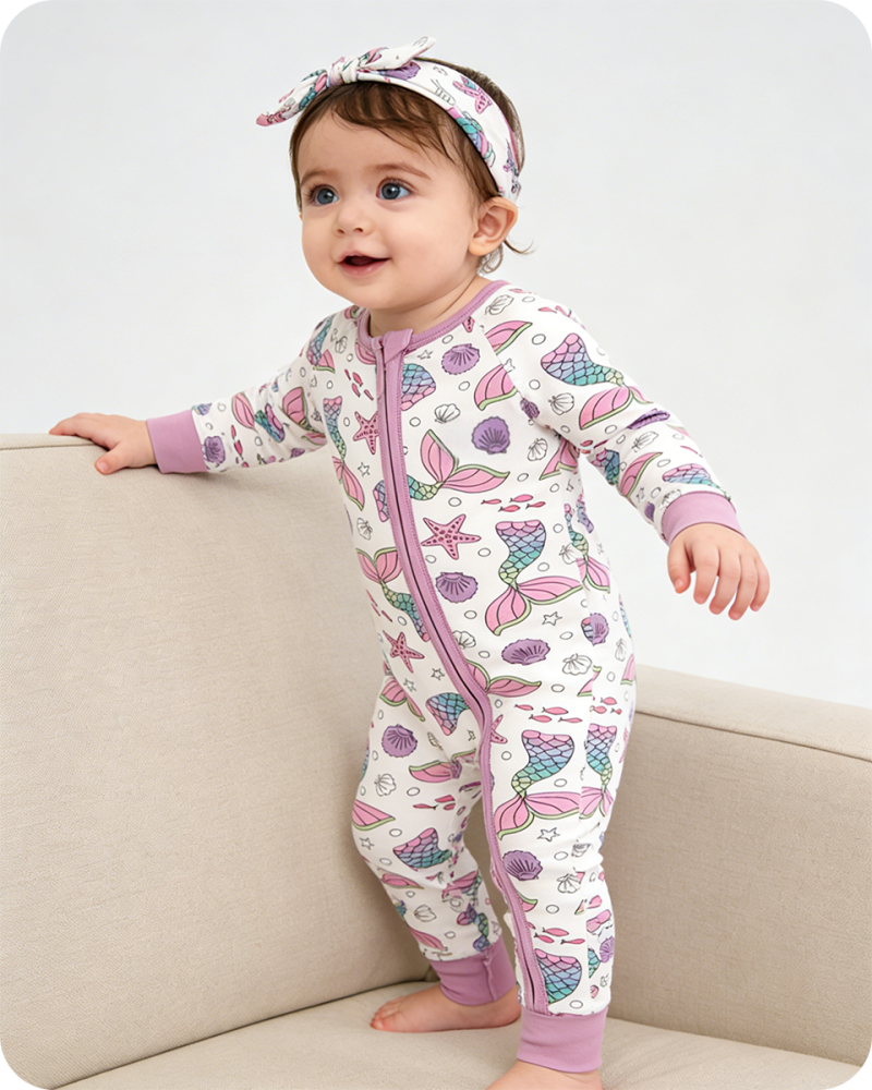 Mermaid Sea Print Bamboo Zipper Onesie