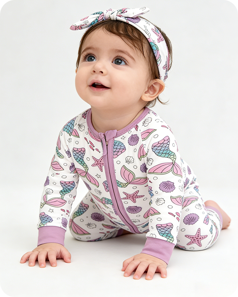 Mermaid Sea Print Bamboo Zipper Onesie
