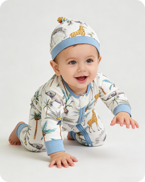 Soft Blue Giraffe & Elephant Bamboo Baby Pajamas