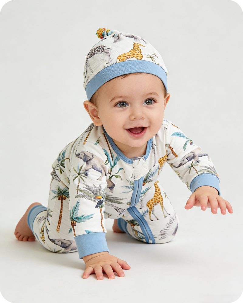 Soft Blue Giraffe & Elephant Bamboo Baby Pajamas