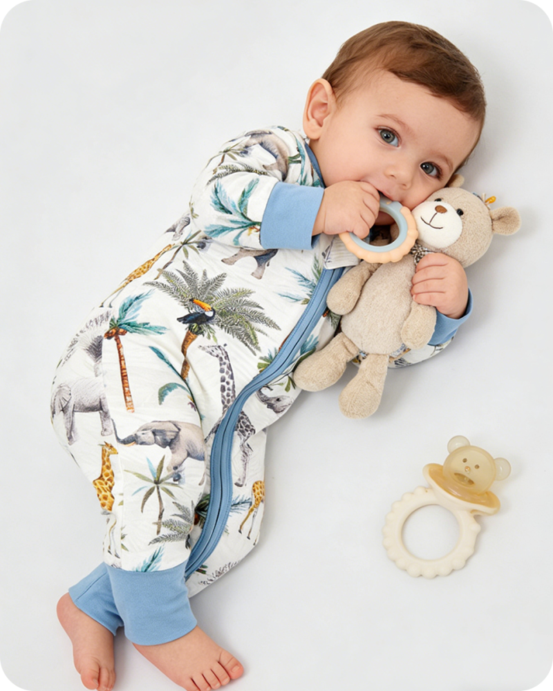 Soft Blue Giraffe & Elephant Bamboo Baby Pajamas