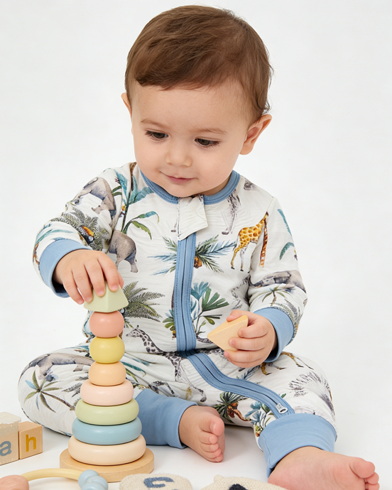 Soft Blue Giraffe & Elephant Bamboo Baby Pajamas