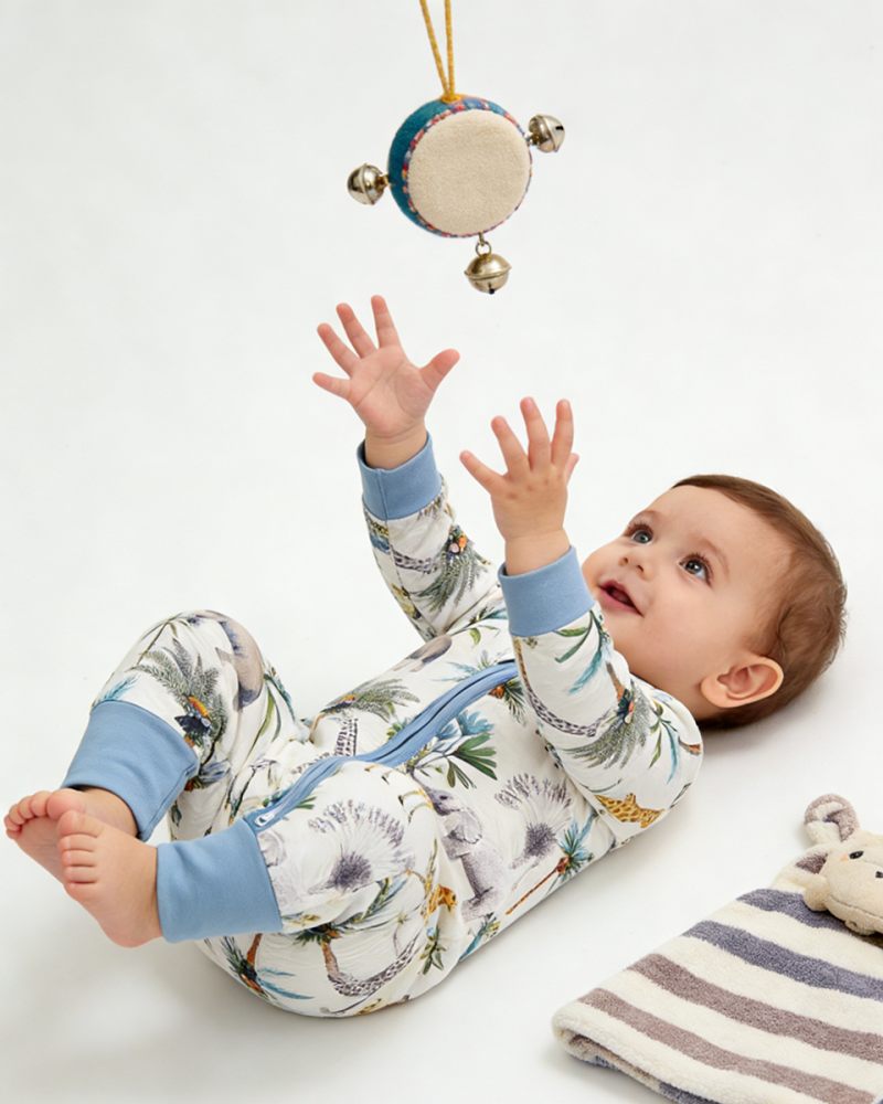 Soft Blue Giraffe & Elephant Bamboo Baby Pajamas