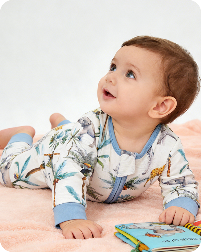 Soft Blue Giraffe & Elephant Bamboo Baby Pajamas
