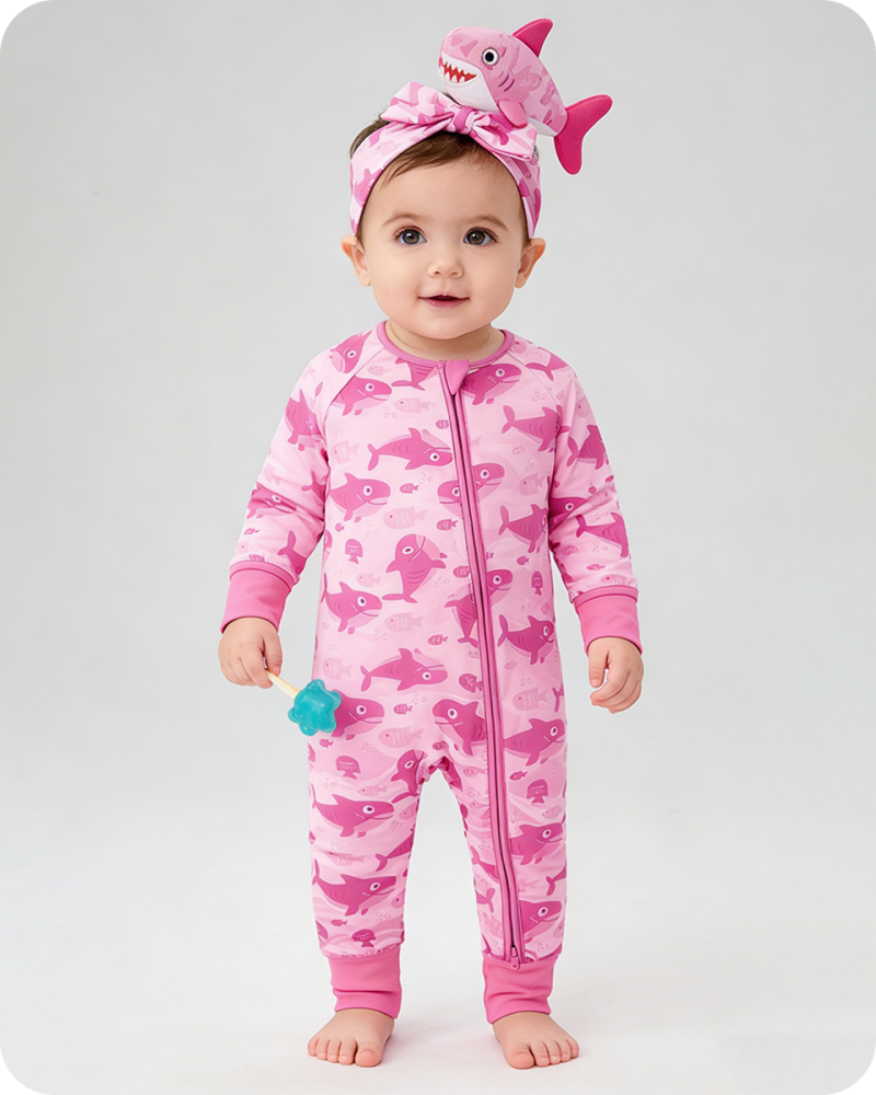 Baby Girl Bamboo Sleepers with Pink Shark Print (6)