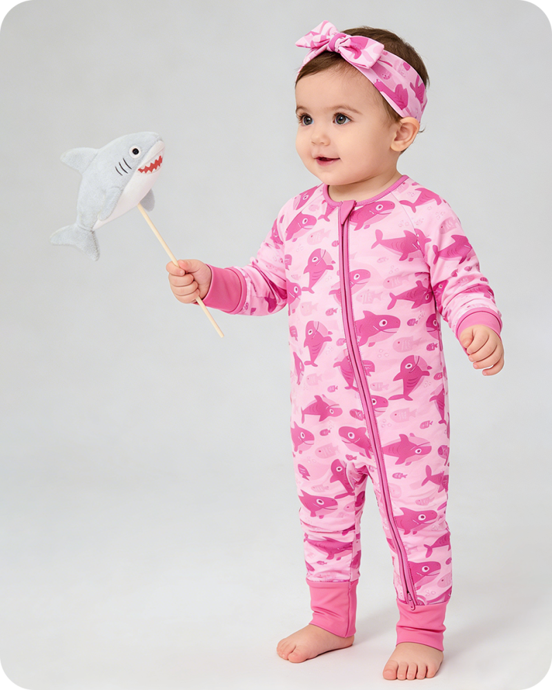 Baby Girl Bamboo Sleepers with Pink Shark Print (6)