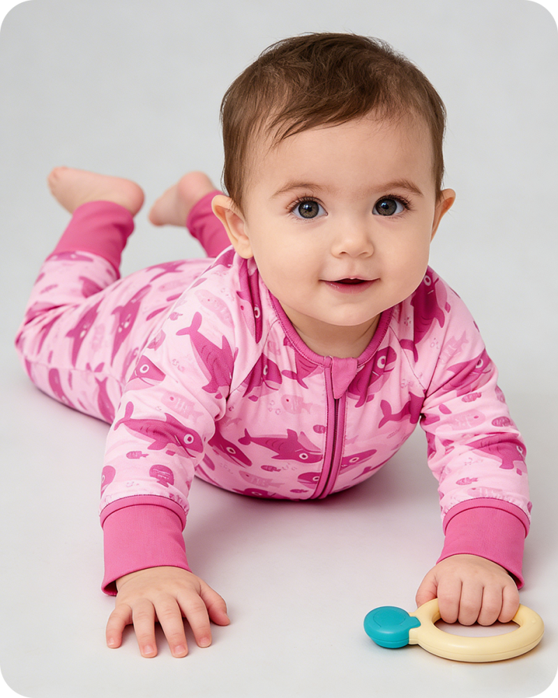 Baby Girl Bamboo Sleepers with Pink Shark Print (6)