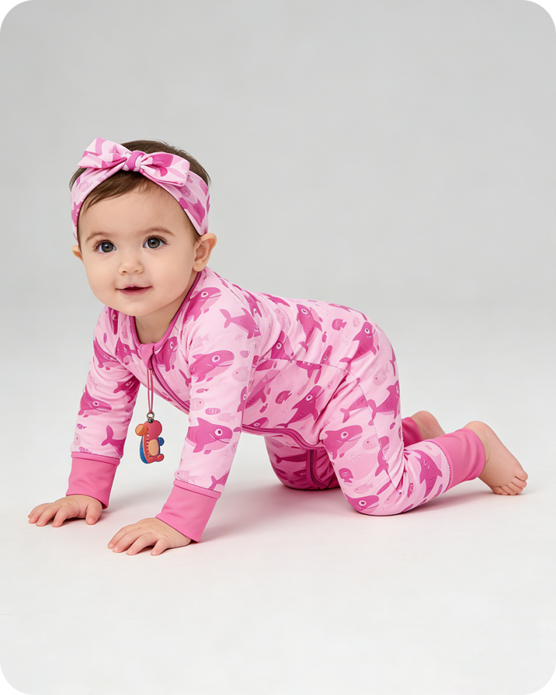 Baby Girl Bamboo Sleepers with Pink Shark Print (6)