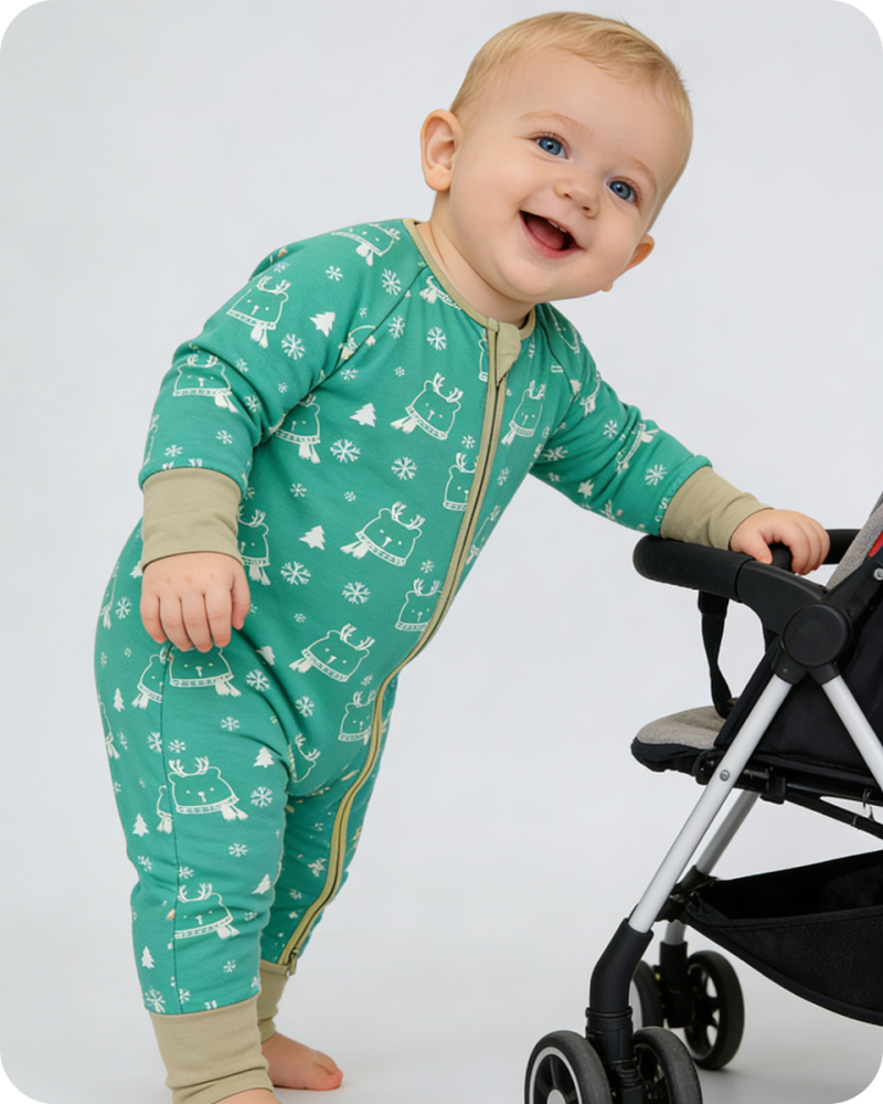 Reindeer Print Bamboo Baby Zipper Romper