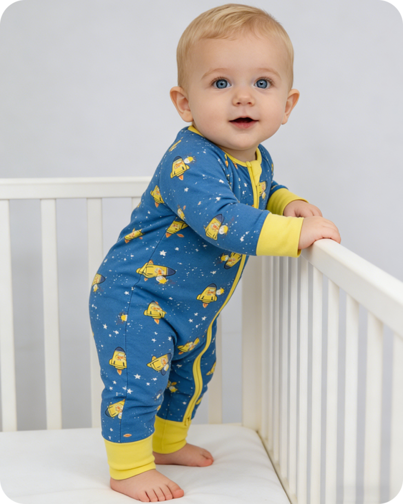 Rocket Cartoon Bamboo Pjs for Babies Dark Blue