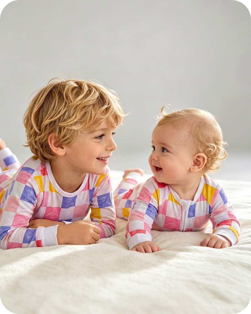 Bamboo Matching Sibling Pajamas Pastel Checkered Cloud