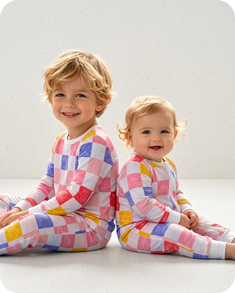 Bamboo Matching Sibling Pajamas Pastel Checkered Cloud