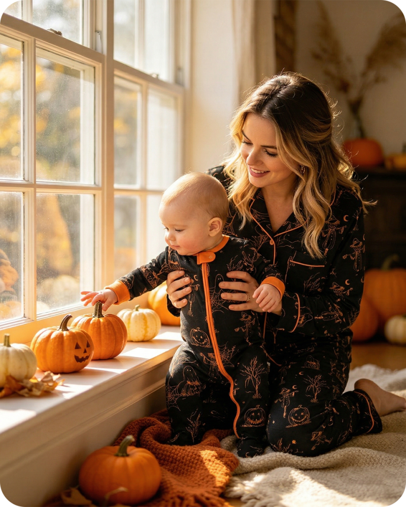 Cozy Mom & Me Halloween Pajamas Sets Black