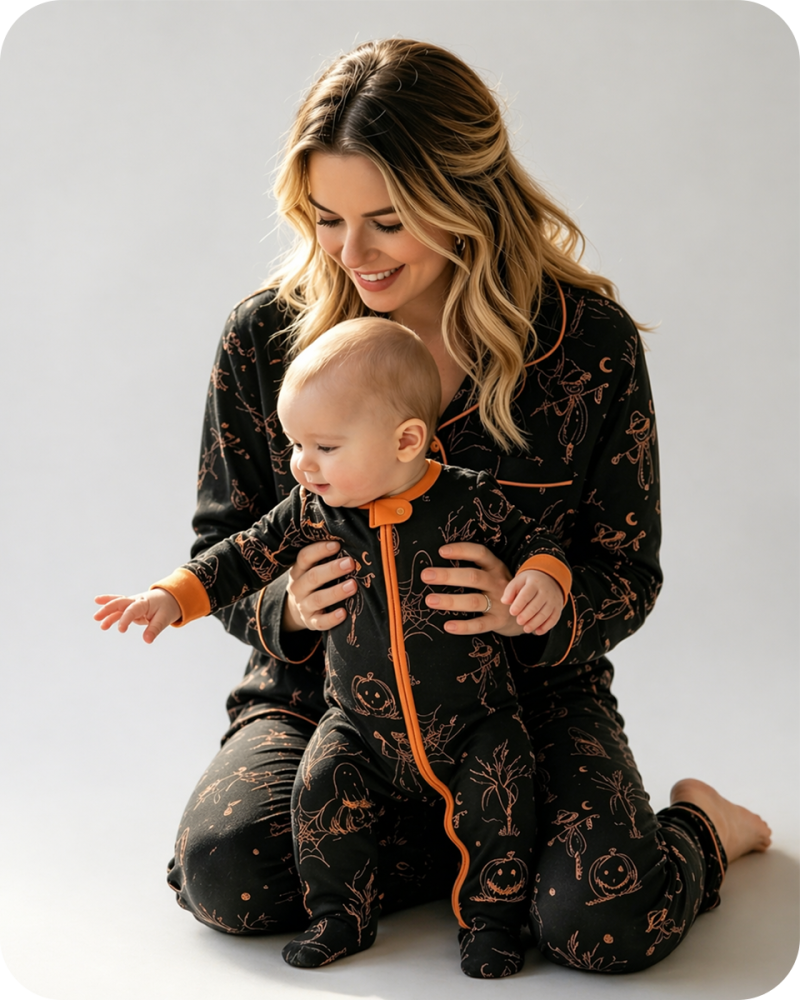 Cozy Mom and Me Matching Halloween Pajama Sets Black
