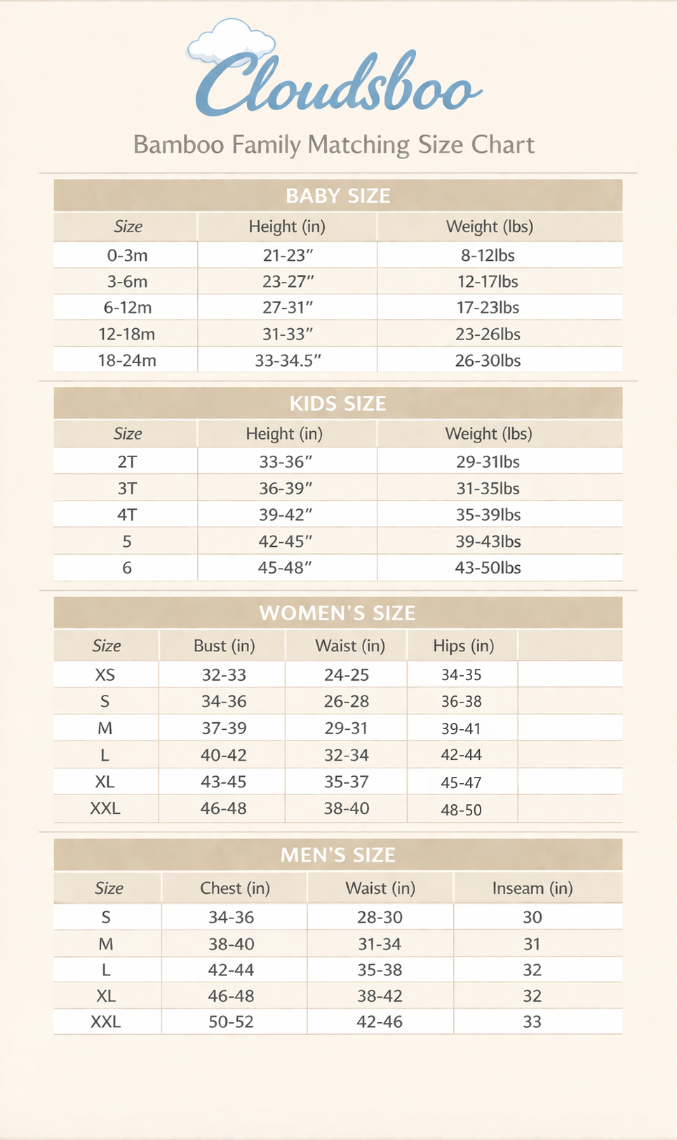 bamboo family matching size chart