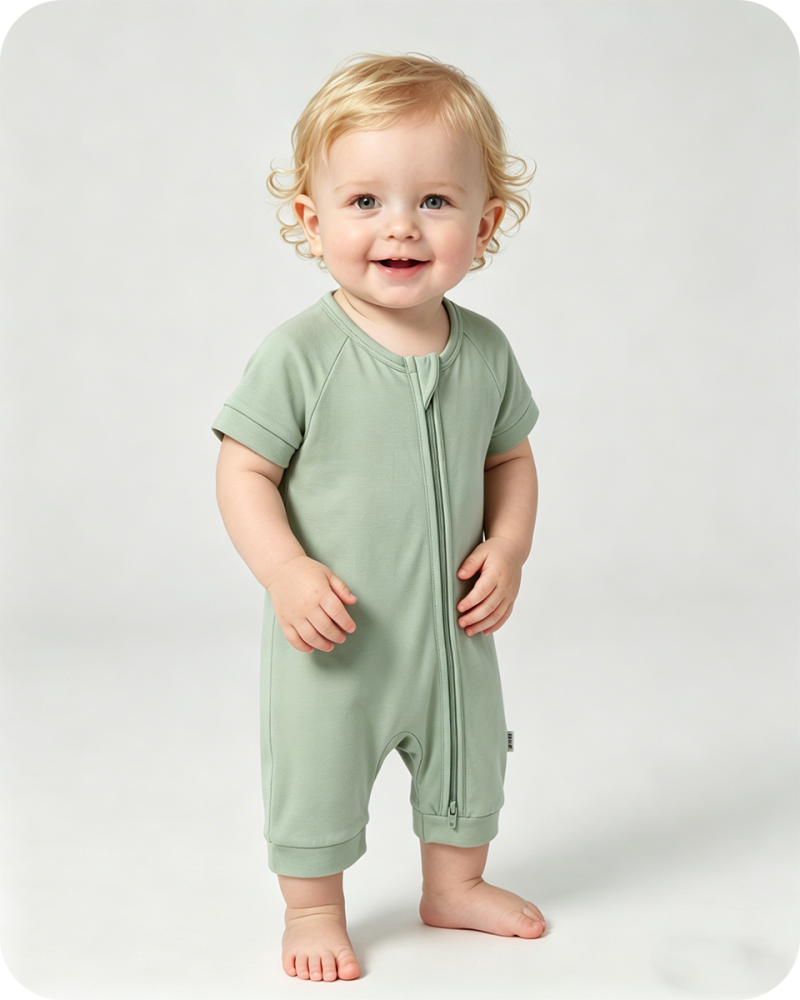 Bamboo Baby Shorty Zippy Romper Solid Green