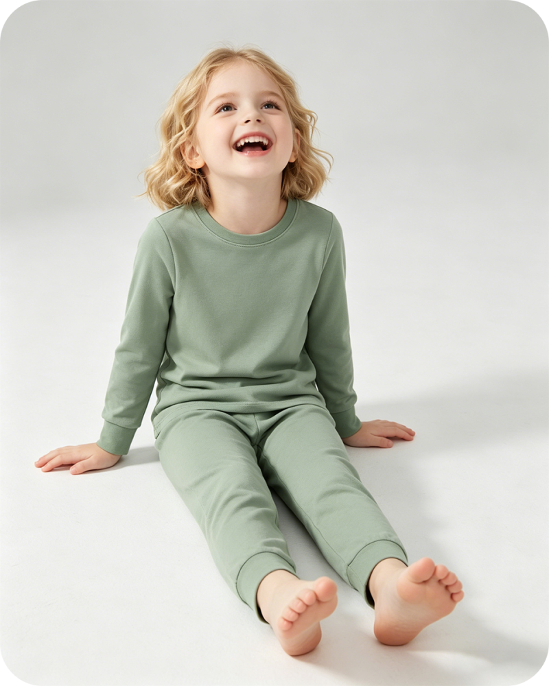 Kids Bamboo Pajama Set Long Sleeve Two-Piece Solid Green