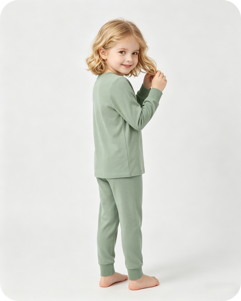 Kids Bamboo Pajama Set Long Sleeve Two-Piece Solid Green