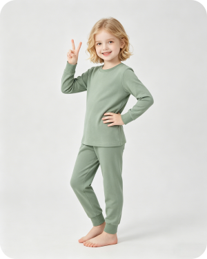 Kids Bamboo Pajama Set Long Sleeve Two-Piece Solid Green