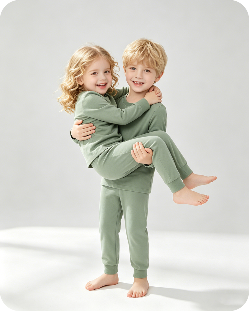 Kids Bamboo Pajama Set Long Sleeve Two-Piece Solid Green