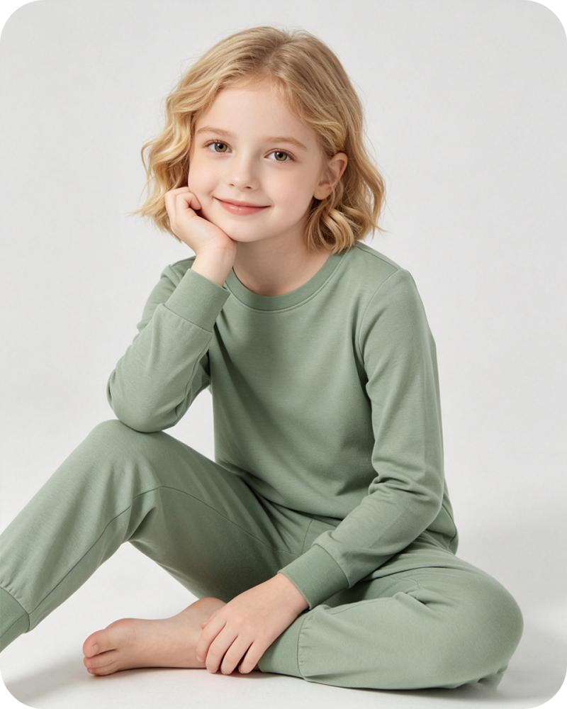 Kids Bamboo Pajama Set Long Sleeve Two-Piece Solid Green