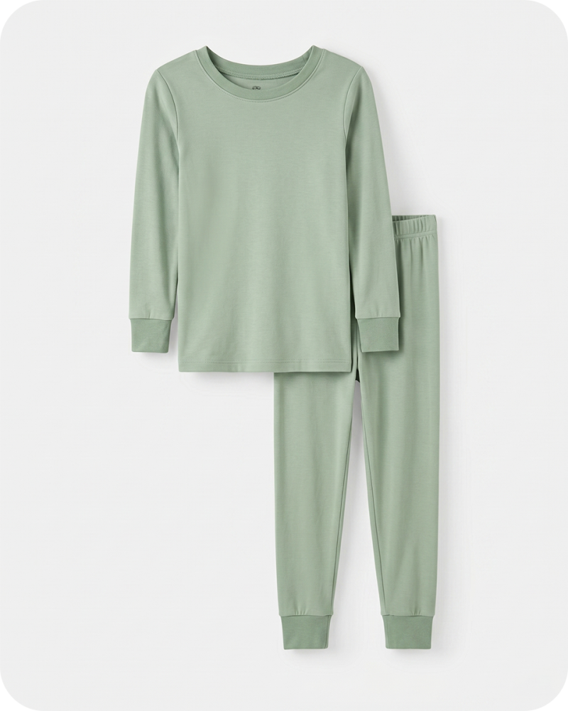 Kids Bamboo Pajama Set Long Sleeve Two-Piece Solid Green