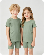 Kids Bamboo Two-Piece Pajama Set Short Sleeve Solid Green