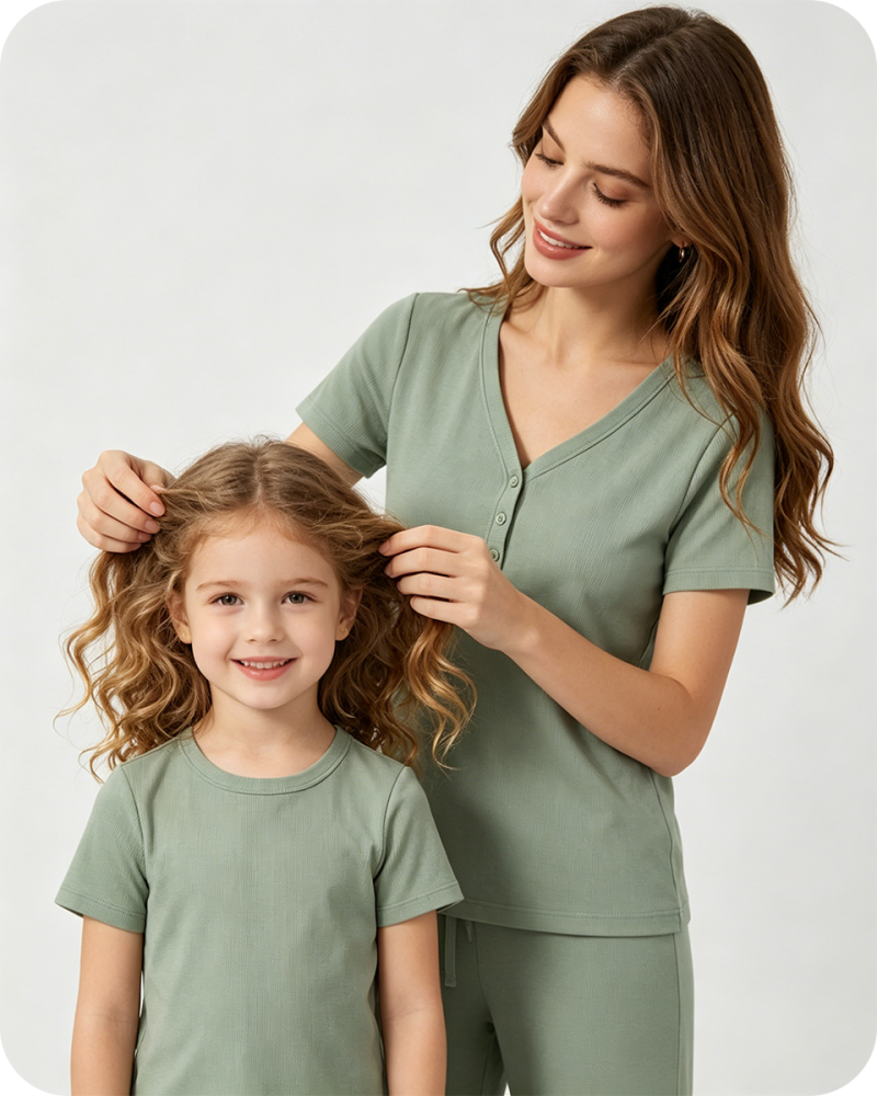 Women’s Bamboo Pajama Set V Neck Solid Green