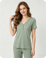 Women’s Bamboo Pajama Set V Neck Solid Green