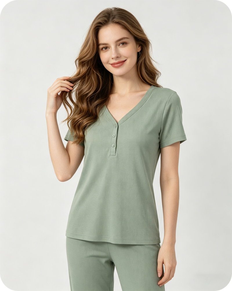 Women’s Bamboo Pajama Set V Neck Solid Green